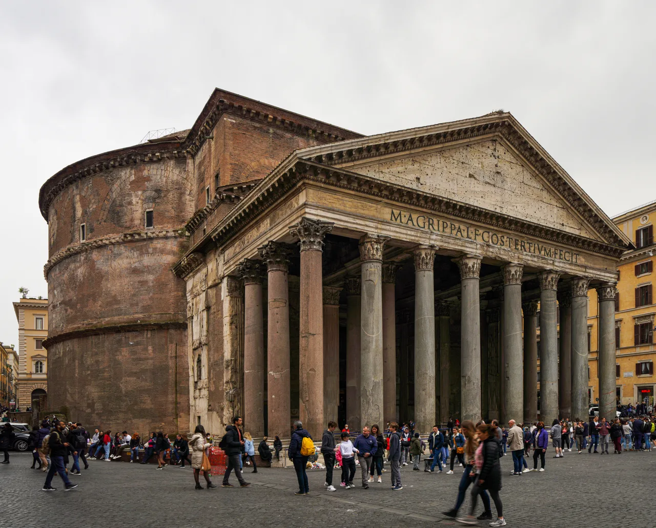 The Corinthian portico of the Roman Pantheon and the hemispherical dome behind it