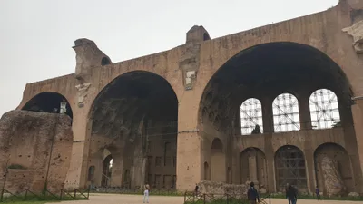 The surviving three giant barrel-vaulted side aisle bays of the Basilica of Maxentius, with their coffered soffits