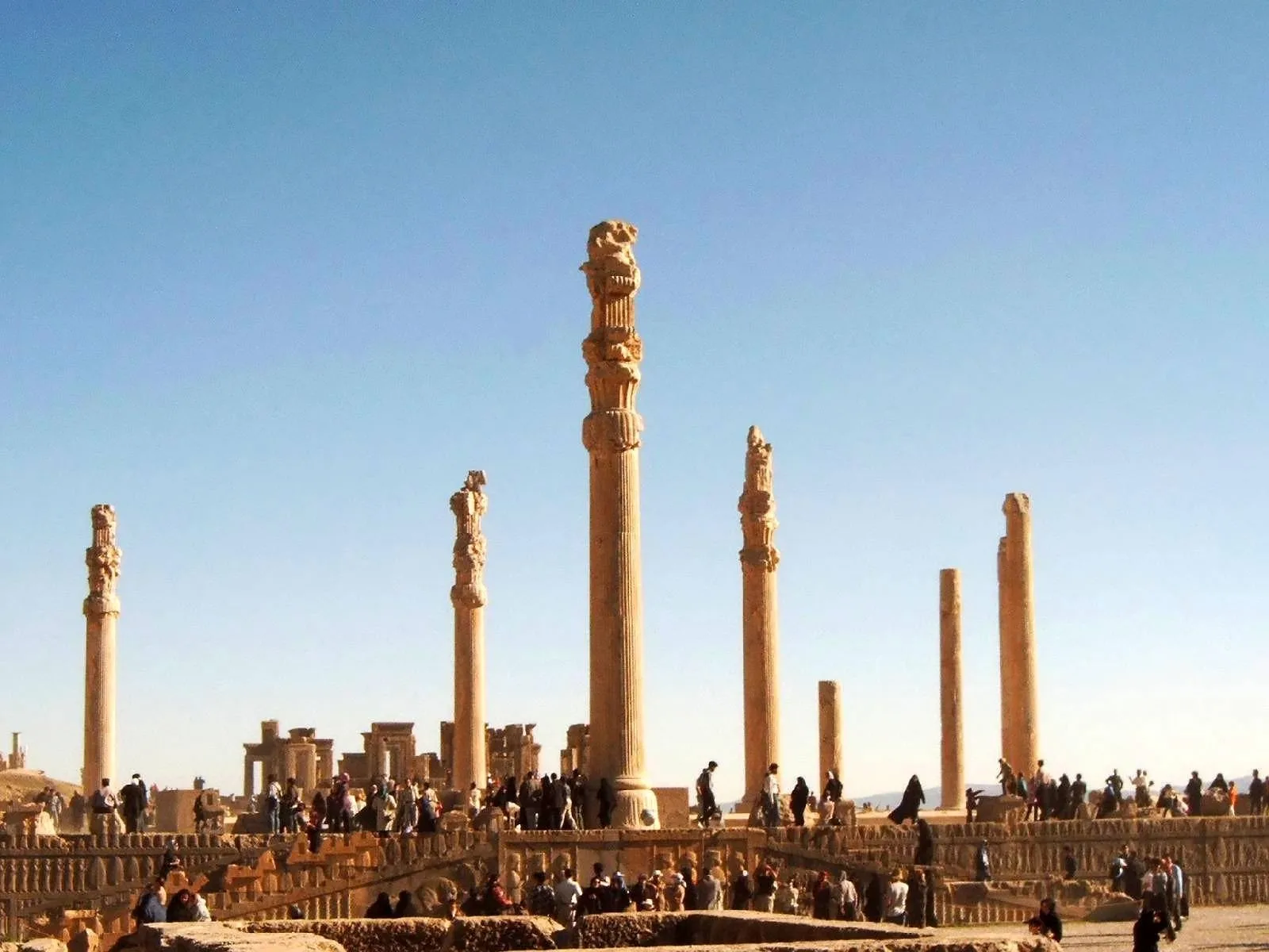 The surviving slender, tall Achaemenid stone columns of Persepolis against the sky