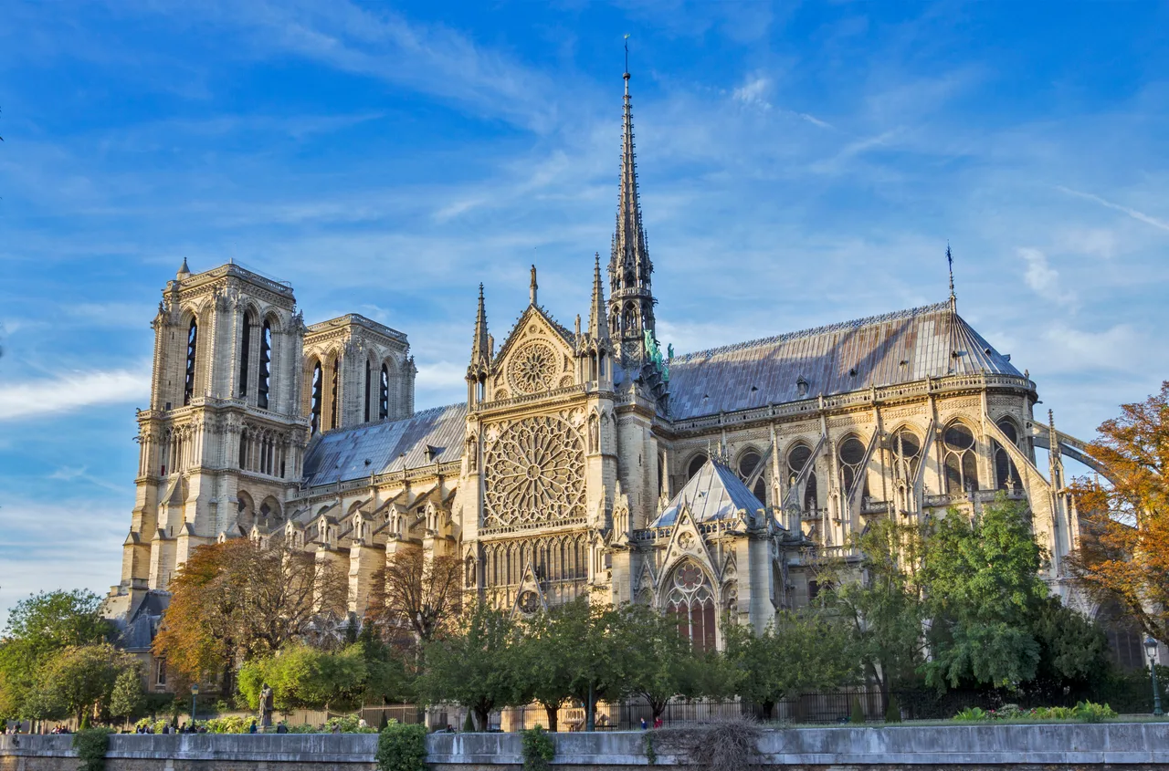 The east end of Notre-Dame de Paris; the fan of flying buttresses around the apse and tall stained-glass windows