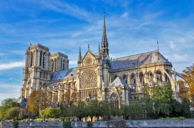 The east end of Notre-Dame de Paris; the fan of flying buttresses around the apse and tall stained-glass windows