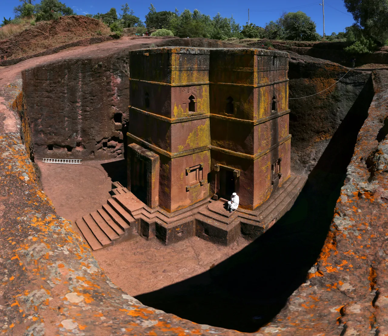 The Church of Saint George at Lalibela: a cross-plan church carved from a single rock, sunk into the ground and separated by an open trench