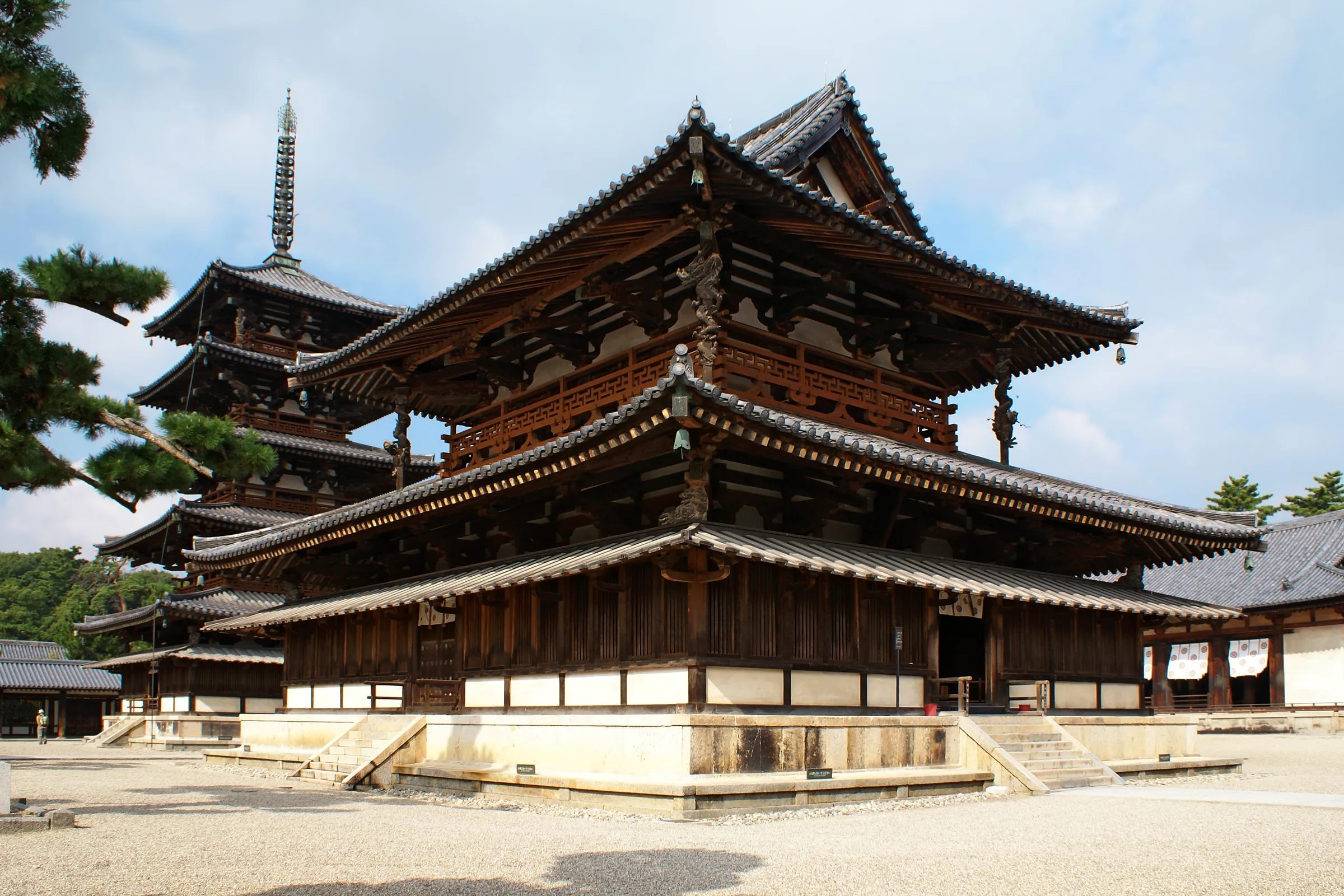 The five-storey wooden pagoda of Hōryū-ji and the adjacent kondō (golden hall) on a gravel courtyard