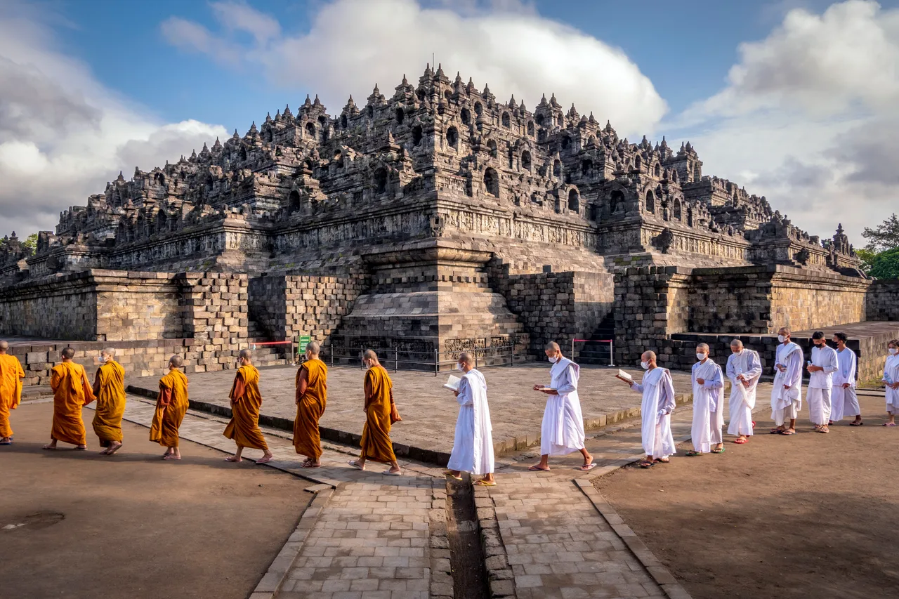 The stepped platforms of Borobudur and the perforated stupas on the upper terraces