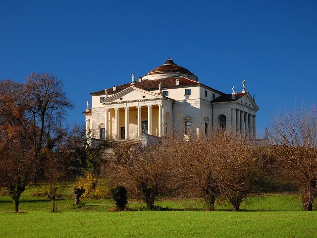 The pedimented temple portico, steps, and low central dome of the Villa Rotonda