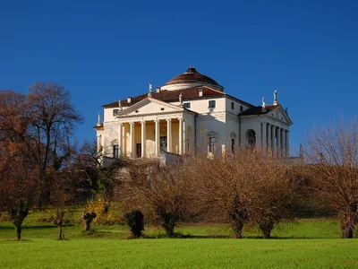 The pedimented temple portico, steps, and low central dome of the Villa Rotonda