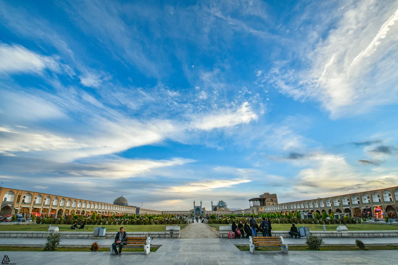 A panorama of Naqsh-e Jahan Square; at one end the turquoise-tiled double-shell dome and minarets of the Shah Mosque