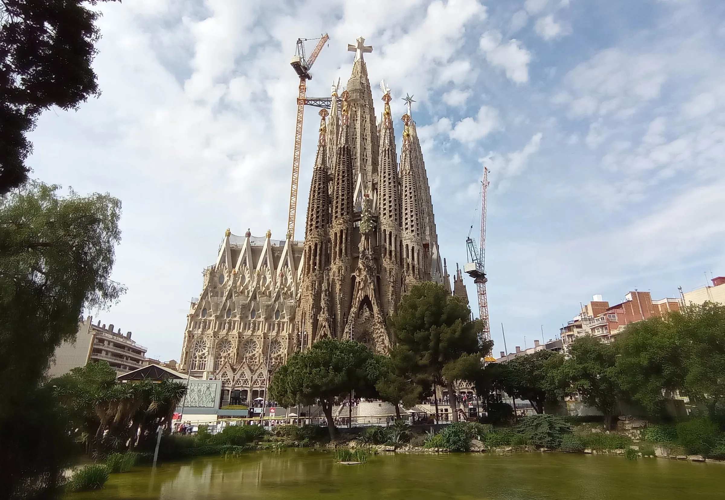 The rising hyperboloid towers and inclined structural lines of the Sagrada Família