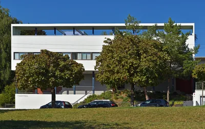 White flat-roofed modern houses with strip windows at the Weissenhof estate in Stuttgart