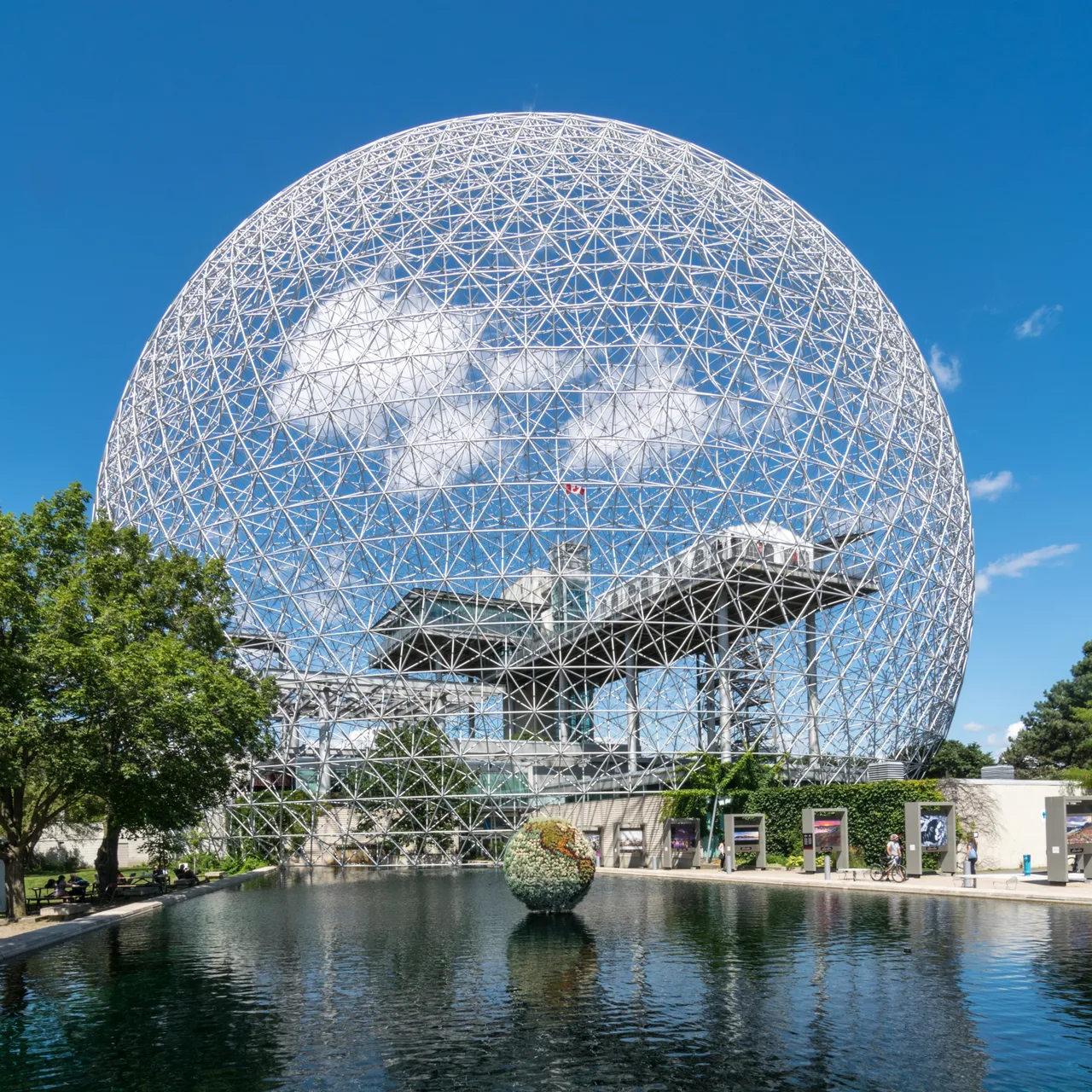 The geodesic dome lattice of the Montreal Biosphere, woven from steel tubes into a nearly complete sphere