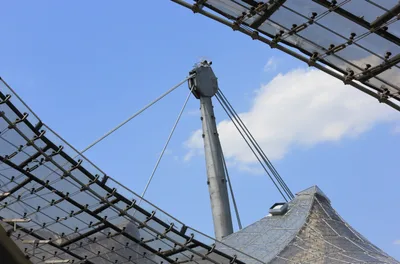 The suspended roof of the Munich Olympic Park: a steel net with transparent panels stretched between masts