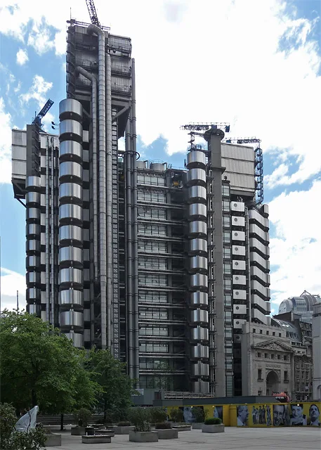 The externally placed stainless-steel service towers and ductwork on the facade of the Lloyd's building
