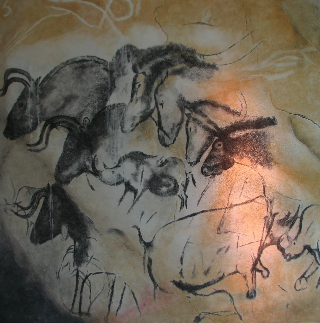 Overlapping horse heads and animal figures painted on the wall of Chauvet Cave