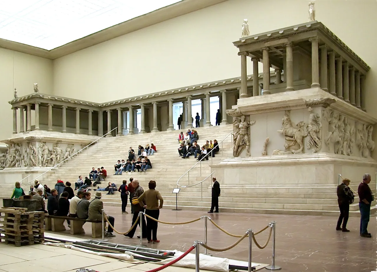 The reconstructed grand marble steps and colonnade of the Pergamon Altar inside the Pergamon Museum in Berlin