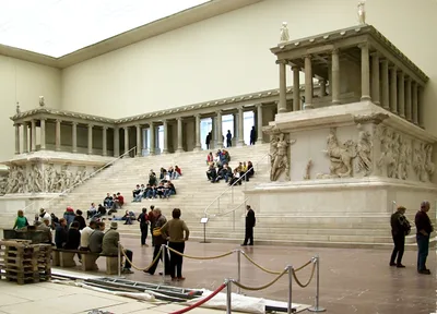 The reconstructed grand marble steps and colonnade of the Pergamon Altar inside the Pergamon Museum in Berlin