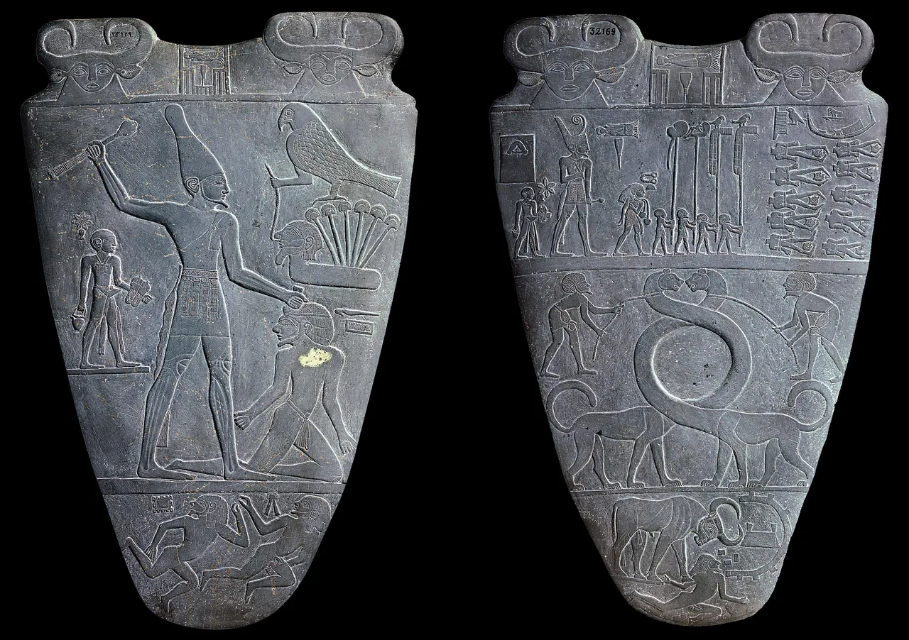 Both faces of the Narmer Palette: a siltstone relief showing the king clubbing an enemy and inspecting decapitated foes