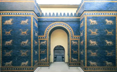 The reconstructed Ishtar Gate at the Pergamon Museum, Berlin; lions and bulls in relief on blue glazed brick