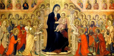 The main panel of Duccio's Maestà: the enthroned Virgin with the Child before a golden ground, surrounded by rows of saints and angels