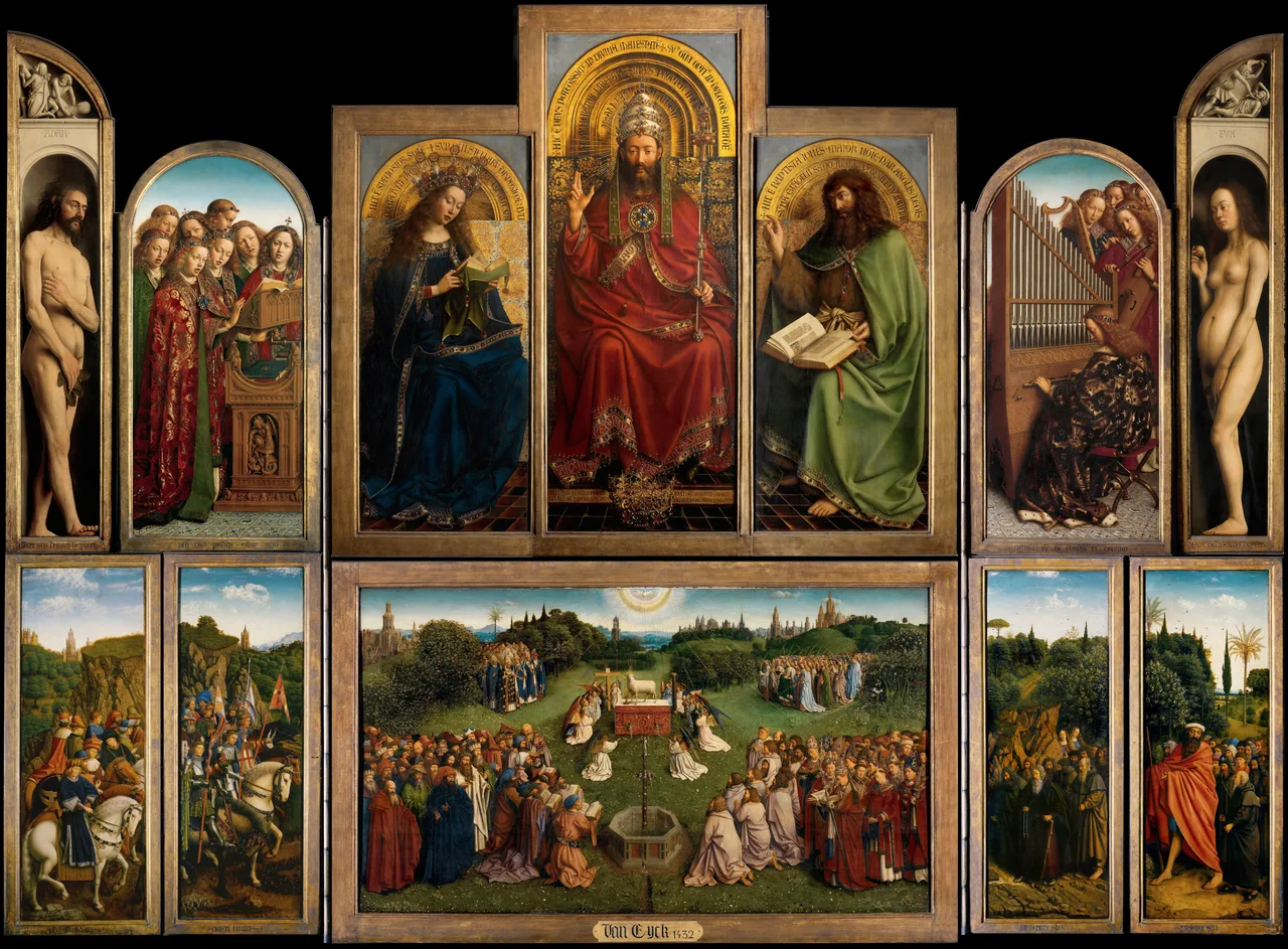Full view of the open panels of the Ghent Altarpiece showing all internal paintings
