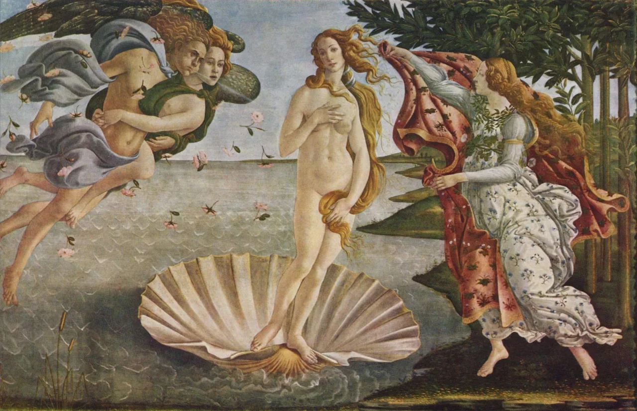 Botticelli's Birth of Venus: the nude Venus standing on a giant scallop shell at the shore, wind gods on the left, a draped figure on the right