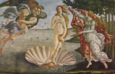 Botticelli's Birth of Venus: the nude Venus standing on a giant scallop shell at the shore, wind gods on the left, a draped figure on the right