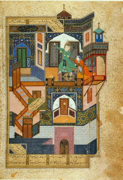 Bihzad's Yusuf and Zulaikha miniature: two figures within a multi-storey palace covered in ornamented panels, its space divided by doors and stairways