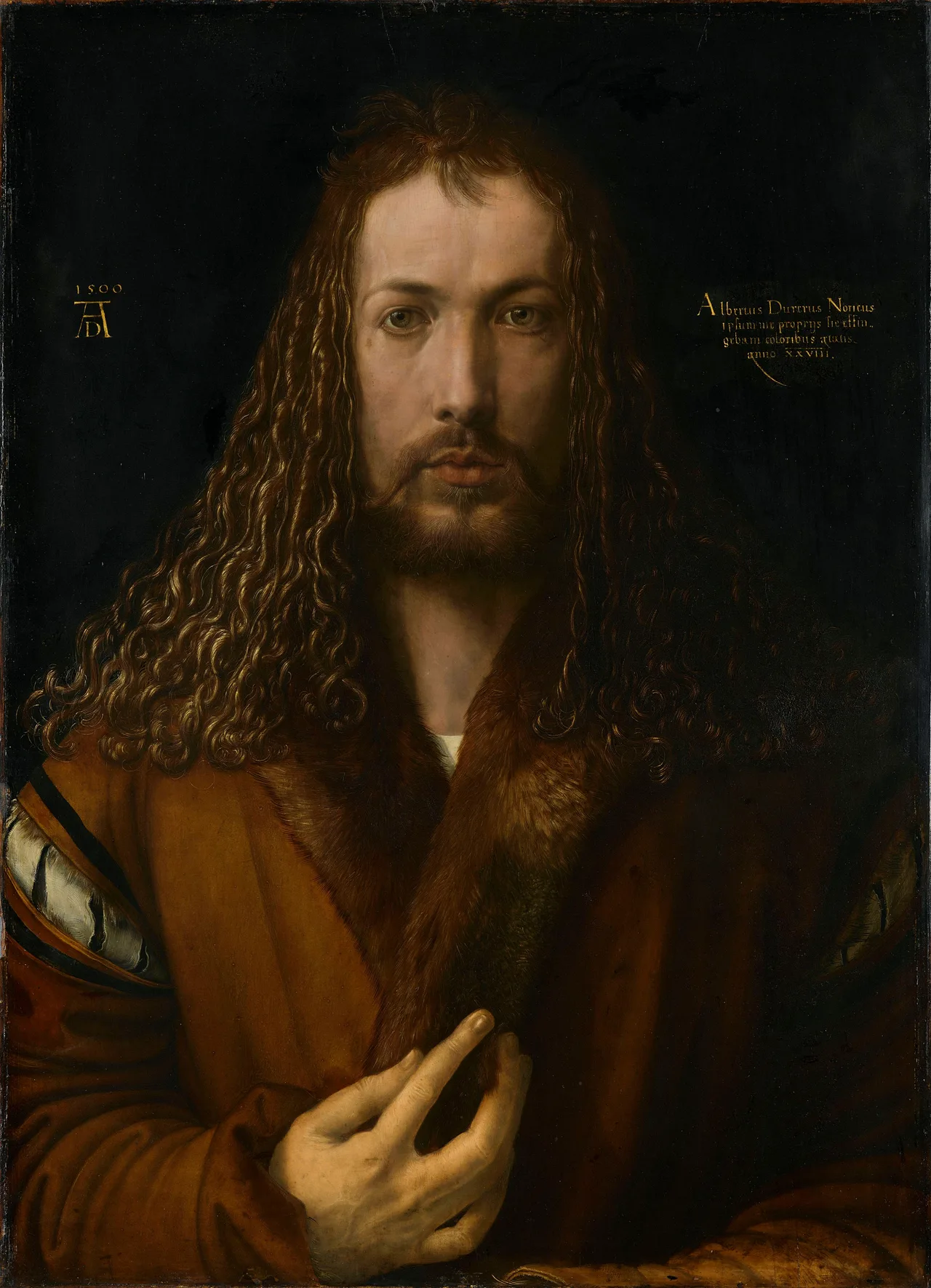 Dürer's 1500 self-portrait: a long-haired bearded man in a fur-collared robe, facing the viewer frontally, his right hand at his chest