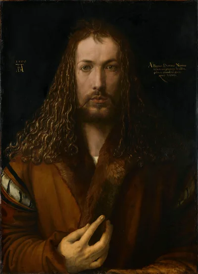 Dürer's 1500 self-portrait: a long-haired bearded man in a fur-collared robe, facing the viewer frontally, his right hand at his chest