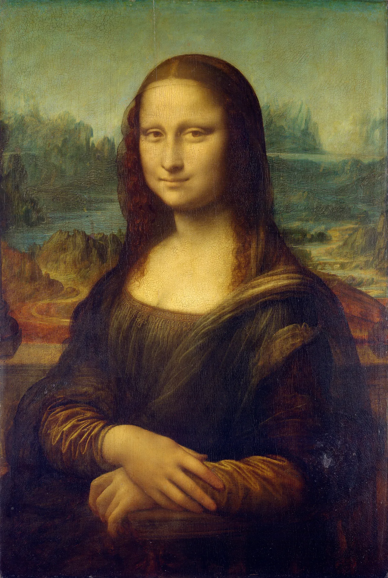 Leonardo da Vinci's Mona Lisa portrait: a young woman seated with her hands folded, against a background of mountains and rivers