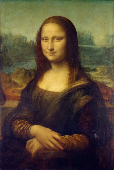 Leonardo da Vinci's Mona Lisa portrait: a young woman seated with her hands folded, against a background of mountains and rivers