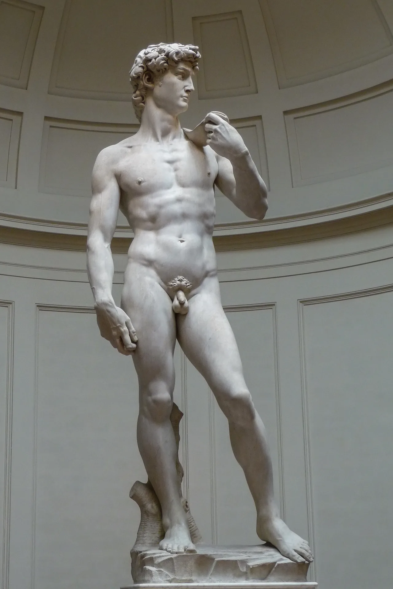 Michelangelo's David: a 5.17-metre marble figure standing nude, sling over his left shoulder, head turned to the right