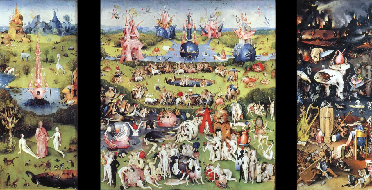 Bosch's three-panel triptych: on the left a green Paradise, in the centre a garden of nude figures and fantastical forms, on the right a red-and-black Hell