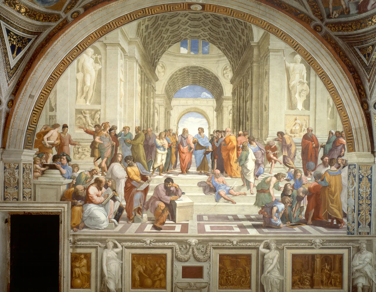 Raphael's School of Athens fresco: philosophers assembled within a classical arched architecture, Plato and Aristotle walking side by side at the centre