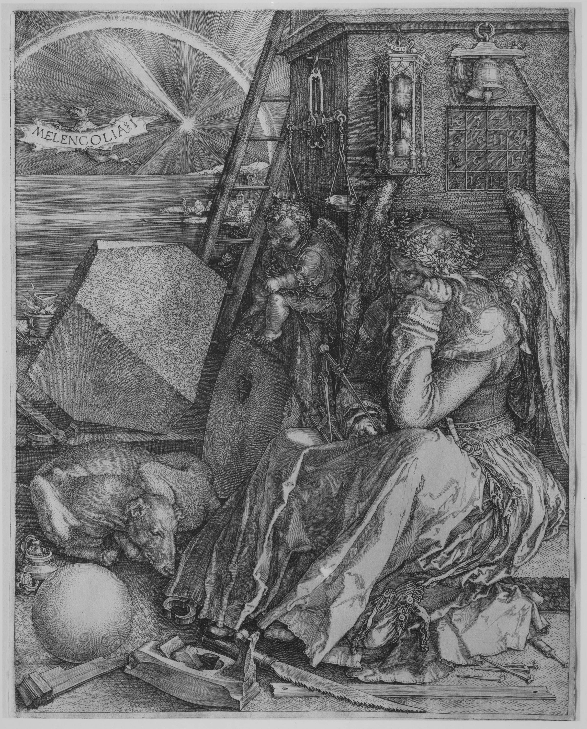 The Melencolia I engraving: a winged figure seated with compasses, surrounded by tools, an hourglass, a polyhedron and a magic square