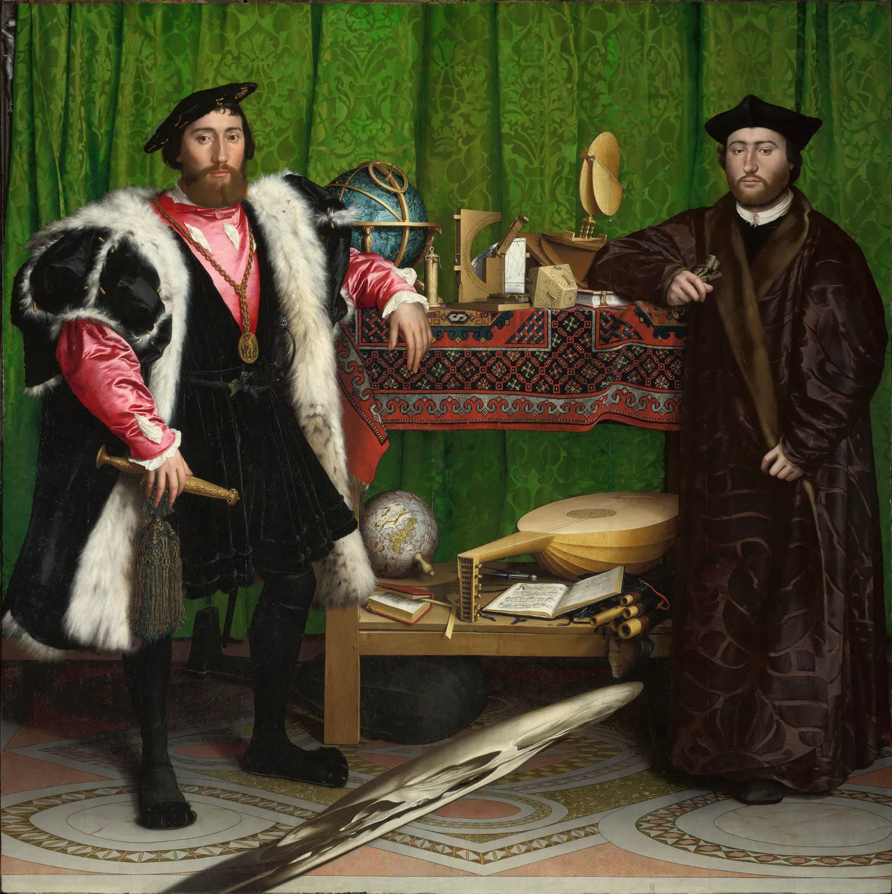 Holbein's Ambassadors: two finely dressed men flanking a two-tier shelf laden with scientific instruments, and a giant anamorphic skull in the foreground
