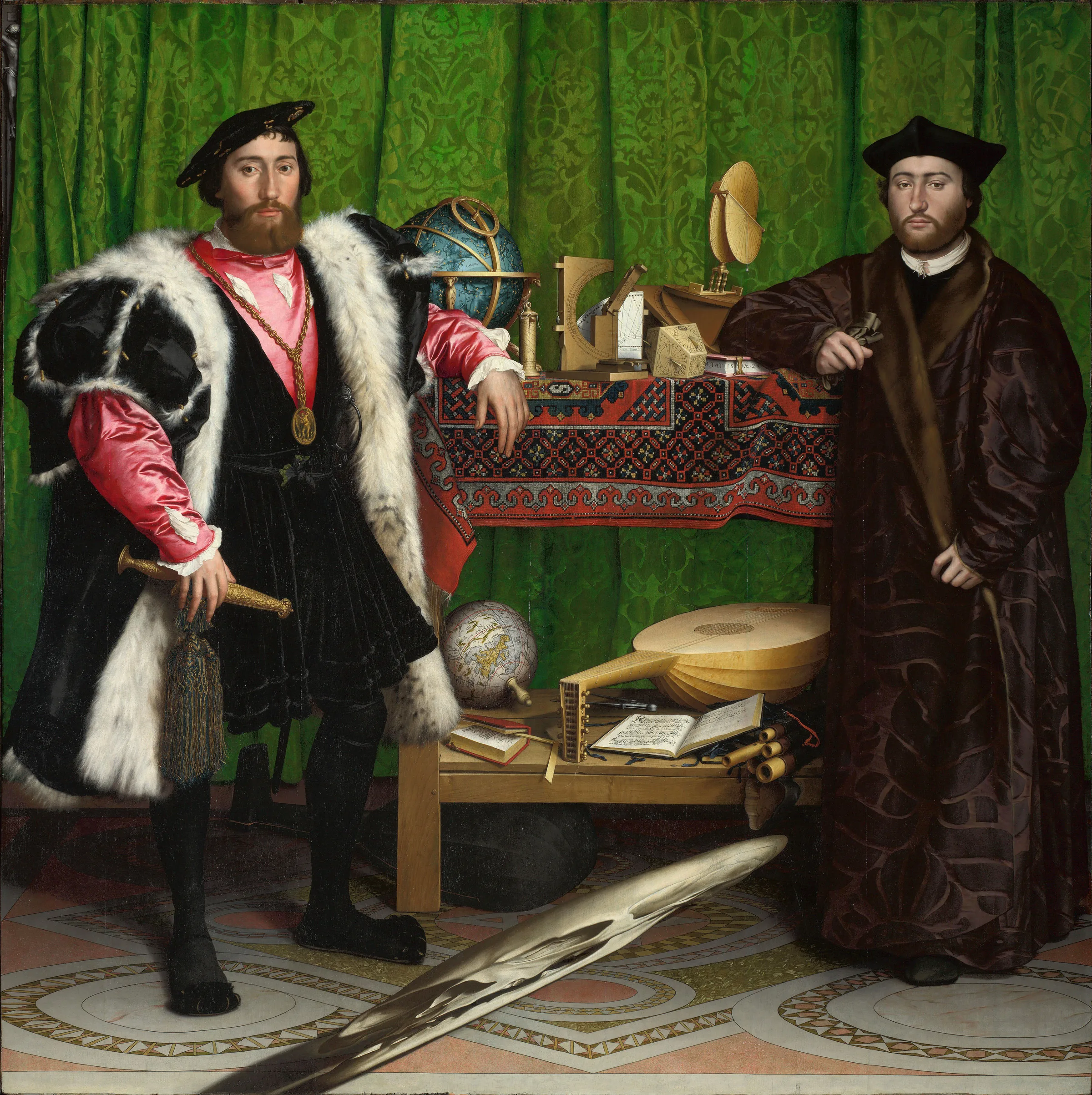 Holbein'in Elçiler tablosu: iki şıklıkla giyinmiş adam, aralarında bilimsel aletlerle dolu iki katlı bir raf, ön planda eğik açıyla görünen dev bir kafatası