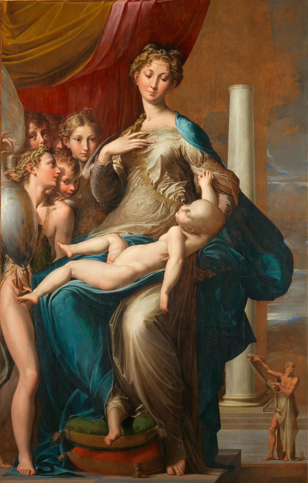 The Virgin Mary in a blue cloak with the elongated baby Jesus on her lap, angels on the left, and a large column on the right