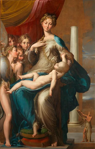 The Virgin Mary in a blue cloak with the elongated baby Jesus on her lap, angels on the left, and a large column on the right
