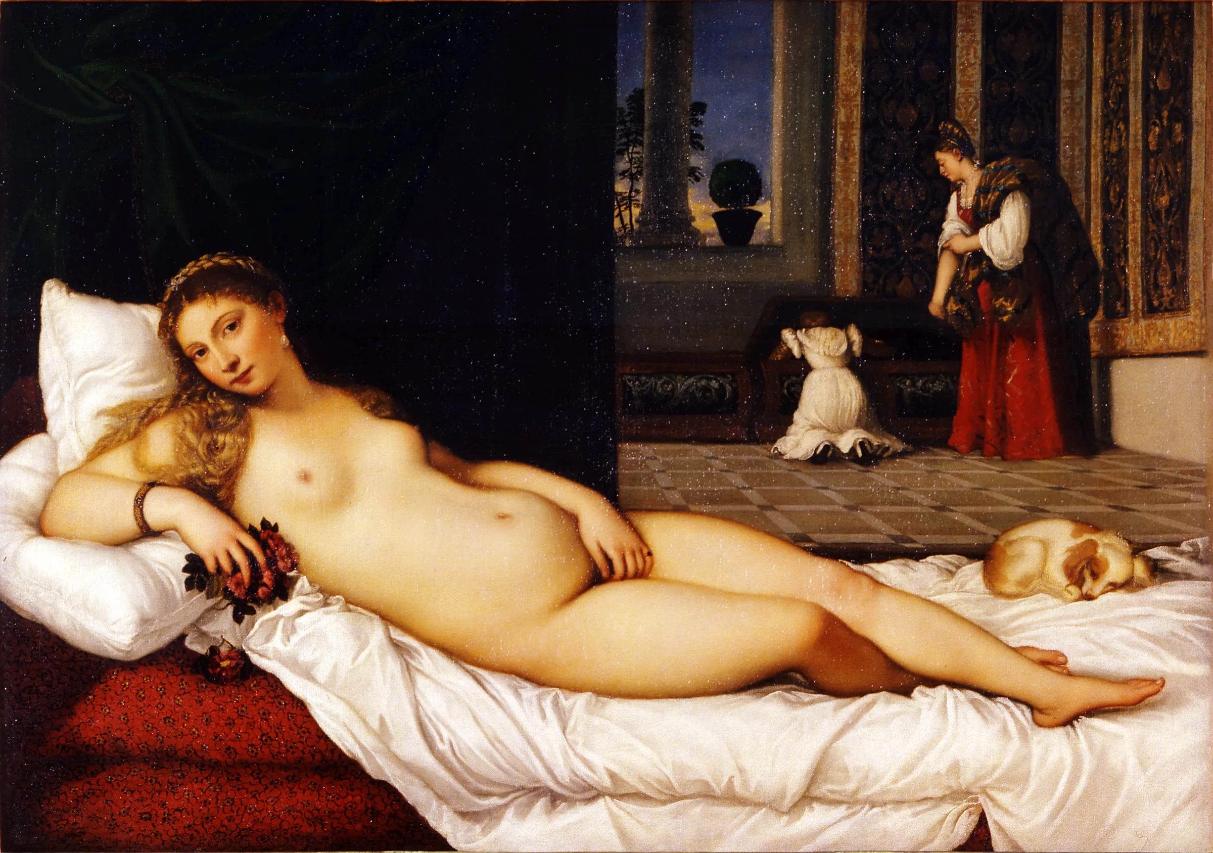 Titian's Venus of Urbino: a nude woman reclining in a Venetian palace interior; maids taking out clothes behind her and a sleeping dog