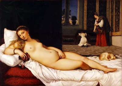Titian's Venus of Urbino: a nude woman reclining in a Venetian palace interior; maids taking out clothes behind her and a sleeping dog