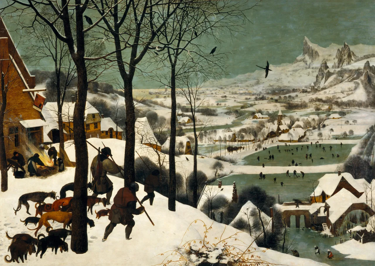 Bruegel's Hunters in the Snow: hunters descending a snow-covered hill with their dogs, tiny figures skating on frozen ponds below, distant mountains