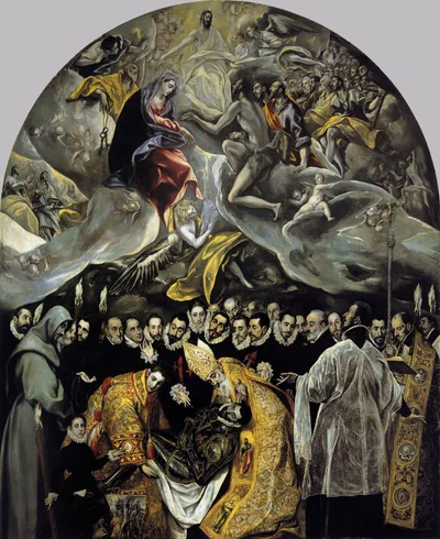 El Greco's Burial of the Count of Orgaz: below, nobles in black and saints bury the body; above, in the opened heaven, Christ and saints in elongated figures