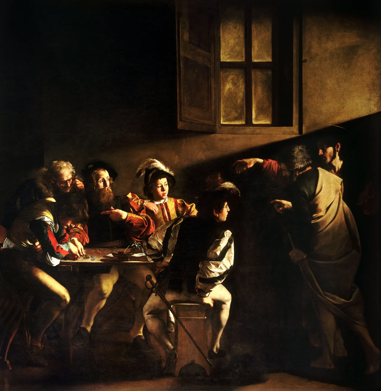 Caravaggio's Calling of Saint Matthew: five figures sit at a table in a dim room while a hard shaft of light from the right strikes the tax-collector Matthew, whom the standing Christ points out