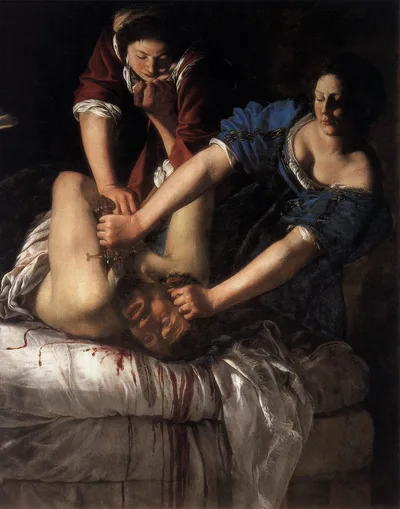 Artemisia's Judith Slaying Holofernes: in light emerging from darkness, a dramatic scene of two women pinning a man to the bed and cutting his neck with a sword