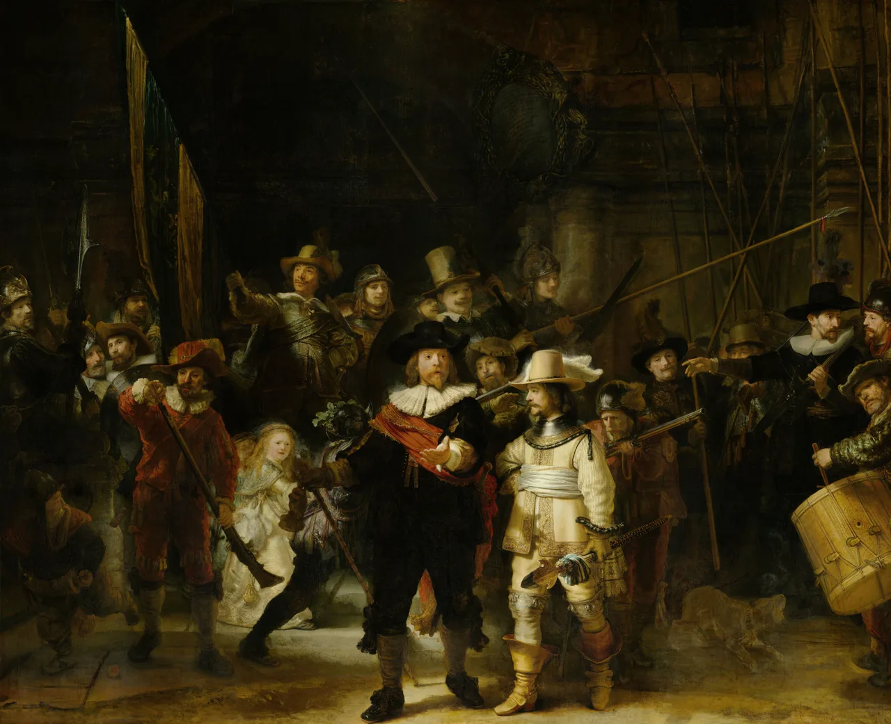 Rembrandt's Night Watch: two commanders stepping forward in light, surrounded by shadowed militia figures, with a luminous girl among them