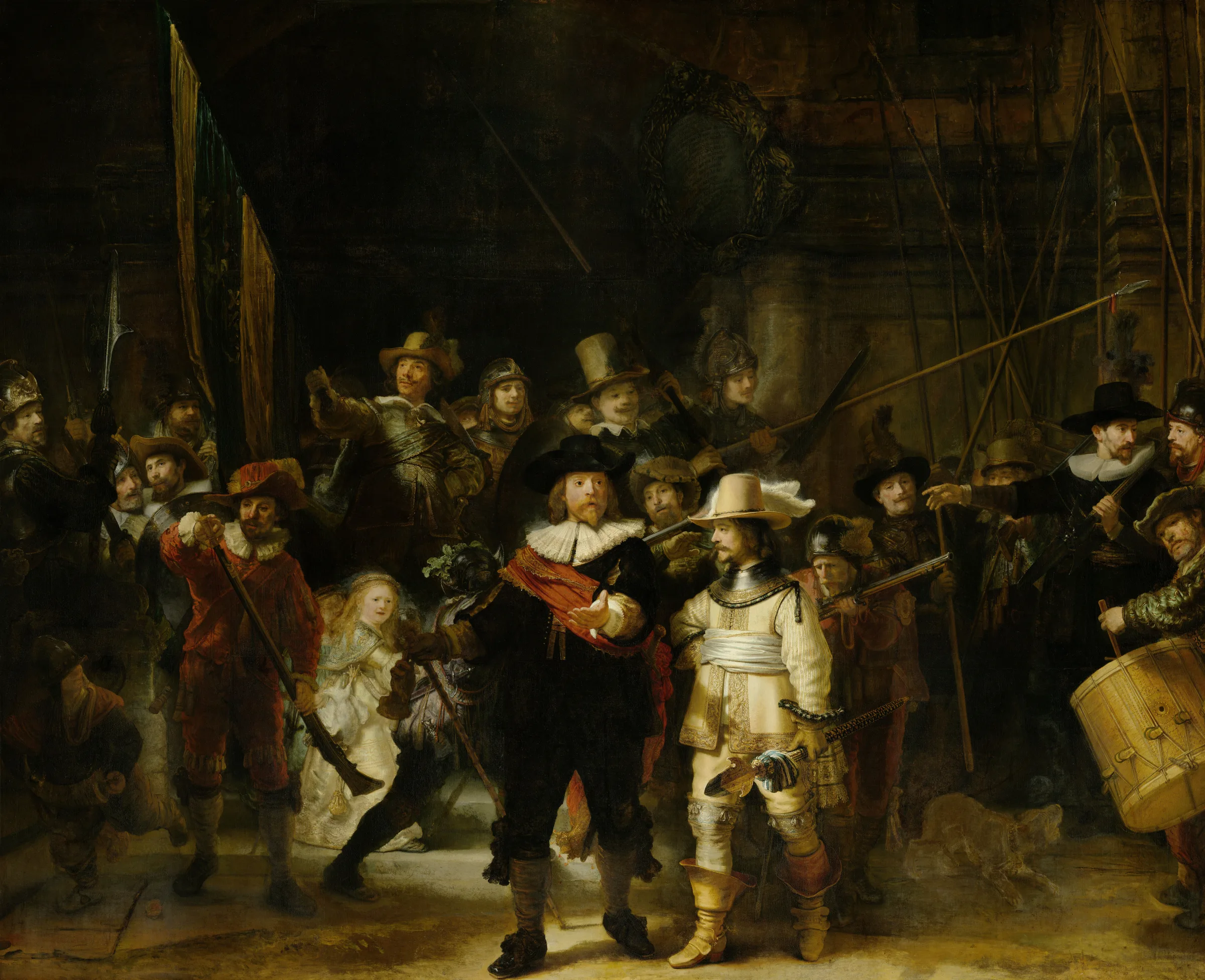 Rembrandt's Night Watch: two commanders stepping forward in light, surrounded by shadowed militia figures, with a luminous girl among them