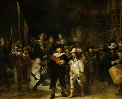 Rembrandt's Night Watch: two commanders stepping forward in light, surrounded by shadowed militia figures, with a luminous girl among them