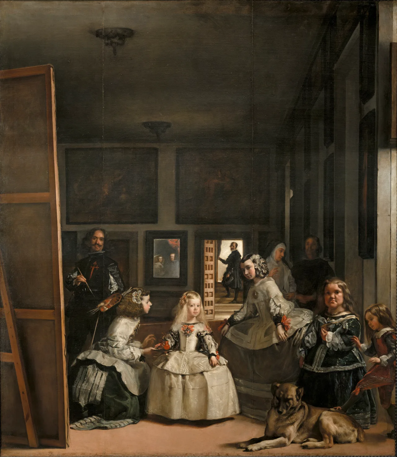Las Meninas: the young Infanta Margarita and her retinue in a palace room; the painter Velázquez stands at a large canvas on the left; the royal couple appears reflected in a mirror on the back wall