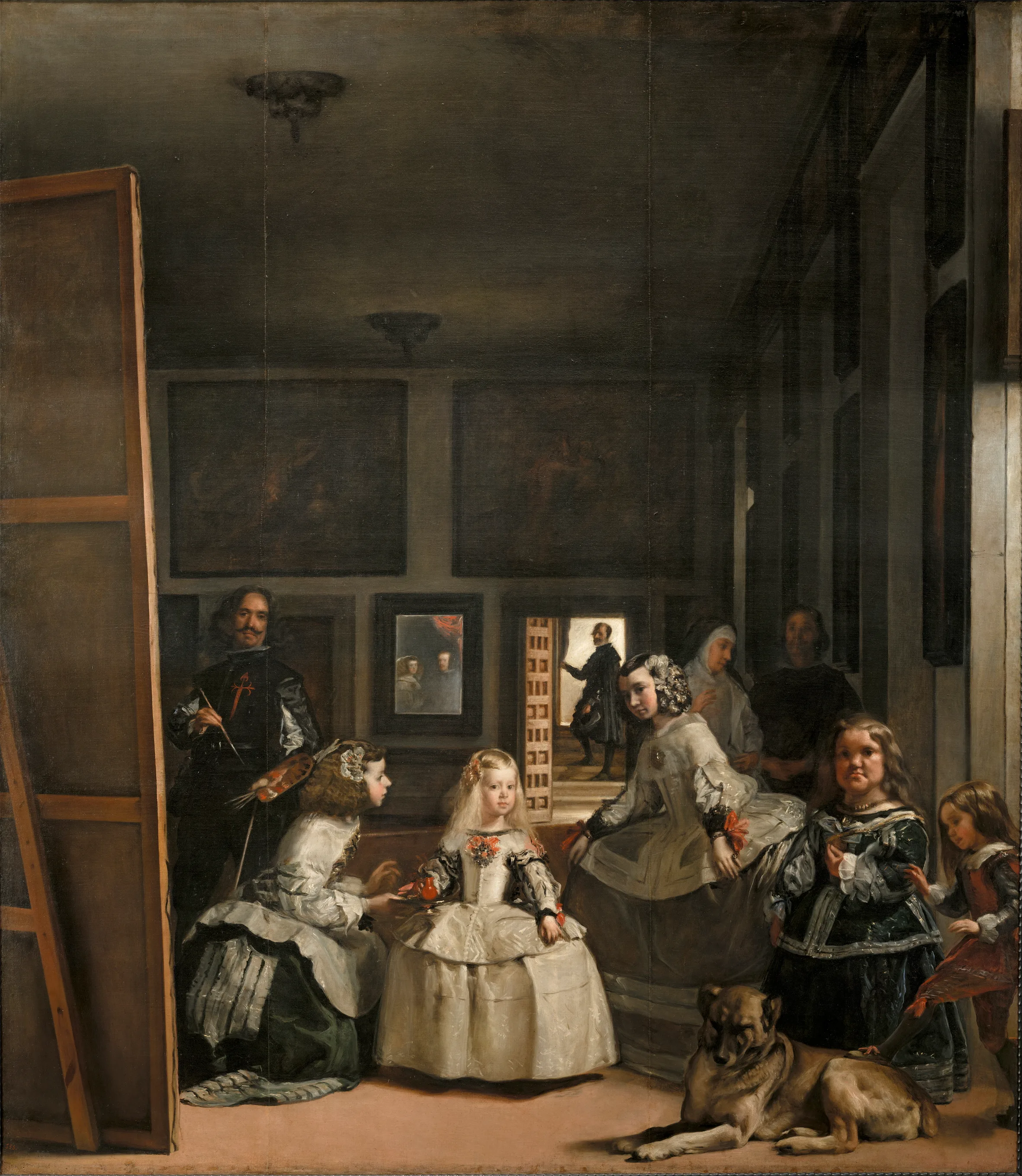 Las Meninas: the young Infanta Margarita and her retinue in a palace room; the painter Velázquez stands at a large canvas on the left; the royal couple appears reflected in a mirror on the back wall