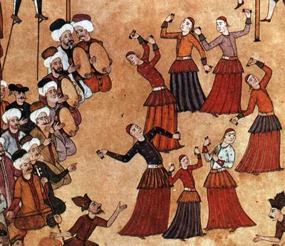 Miniature from the Surname-i Vehbi showing colorful dancers (koceks) performing for seated guests